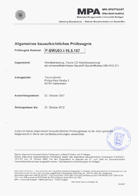 Allgemeines bauaufsichtliches Prüfzeugnis P-BWU03-I-16.5.167 bis Oktober 2012 (Wandbekleidung)