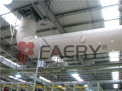 长春德尔福低压线束车间采用双排钢丝绳吊挂安装的纤维布风管